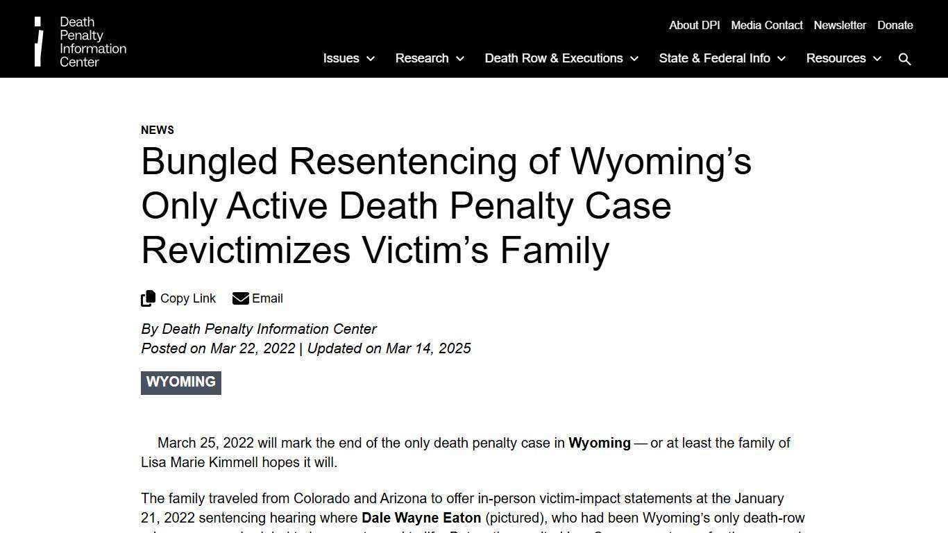 Bungled Resentencing of Wyoming’s Only Active Death Penalty Case Revictimizes Victim’s Family Death Penalty Information Center